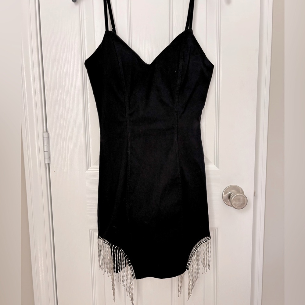 Black Crystal Fringe Party Dress S